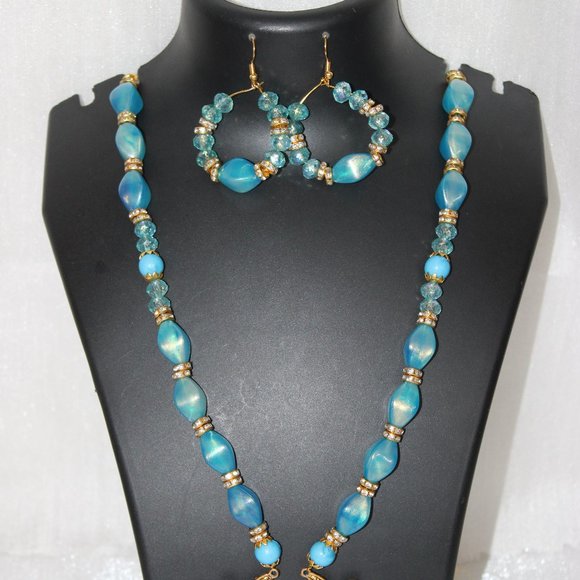 Bluestone Jewellery Set Skyblue Jewellery Set Blue Beads  Long Necklace Set - Picture 2 of 2